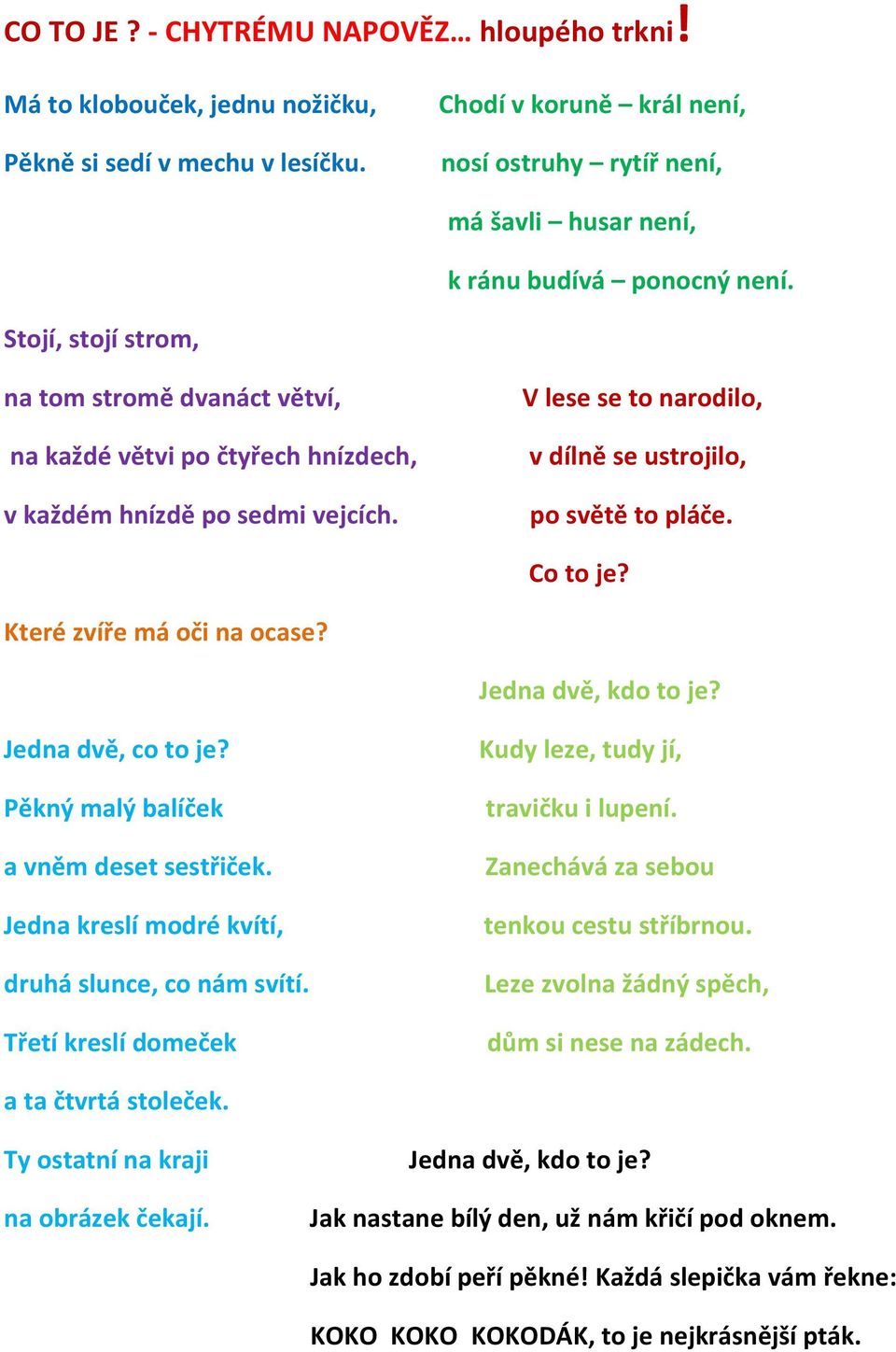 Stojí, stojí strom, na tom stromě dvanáct větví, na každé větvi po čtyřech hnízdech, v každém hnízdě po sedmi vejcích. V lese se to narodilo, v dílně se ustrojilo, po světě to pláče. Co to je?