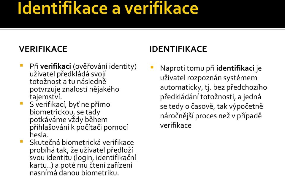 Skutečná biometrická verifikace probíhá tak, že uživatel předloží svou identitu (login, identifikační kartu.