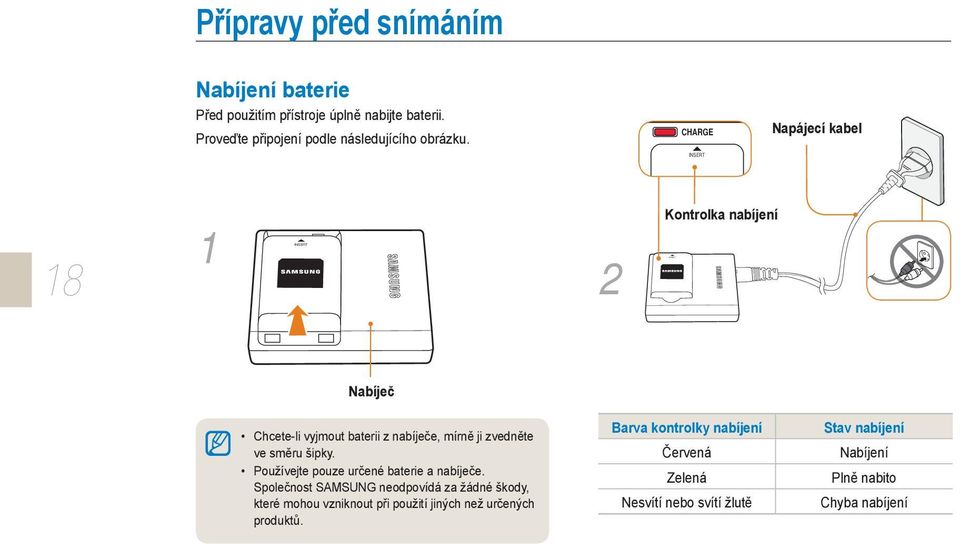 CHARGE INSERT Napájecí kabel 18 1 2 Kontrolka nabíjení Nabíječ Chcete-li vyjmout baterii z nabíječe, mírně ji zvedněte ve směru šipky.