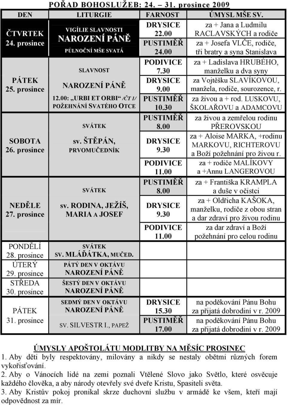 00: URBI ET ORBI /ČT 1/ POŽEHNÁNÍ SVATÉHO OTCE SVÁTEK sv. ŠTĚPÁN, PRVOMUČEDNÍK SVÁTEK sv. RODINA, JEŽÍŠ, MARIA A JOSEF SVÁTEK SV. MLÁĎÁTKA, MUČED.