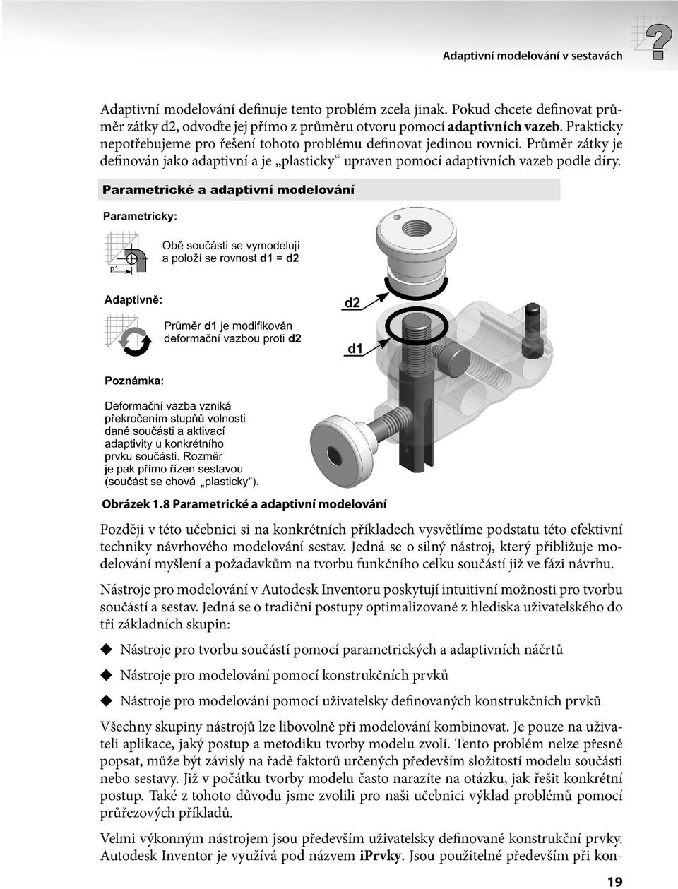 8 Parametrické a adaptivní modelování Později v této učebnici si na konkrétních příkladech vysvětlíme podstatu této efektivní techniky návrhového modelování sestav.