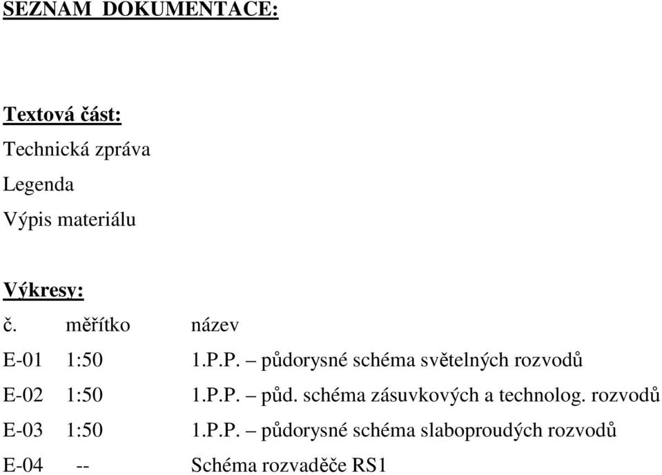 P. půdorysné schéma světelných rozvodů E-02 1:50 1.P.P. půd. schéma zásuvkových a technolog.