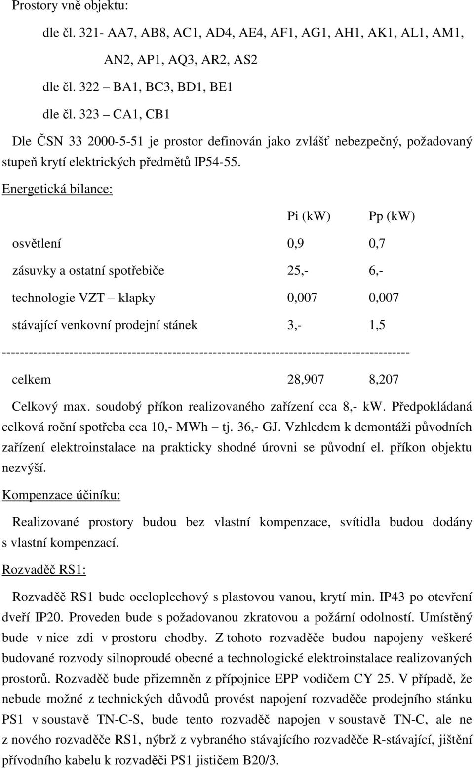 Energetická bilance: Pi (kw) Pp (kw) osvětlení 0,9 0,7 zásuvky a ostatní spotřebiče 25,- 6,- technologie VZT klapky 0,007 0,007 stávající venkovní prodejní stánek 3,- 1,5