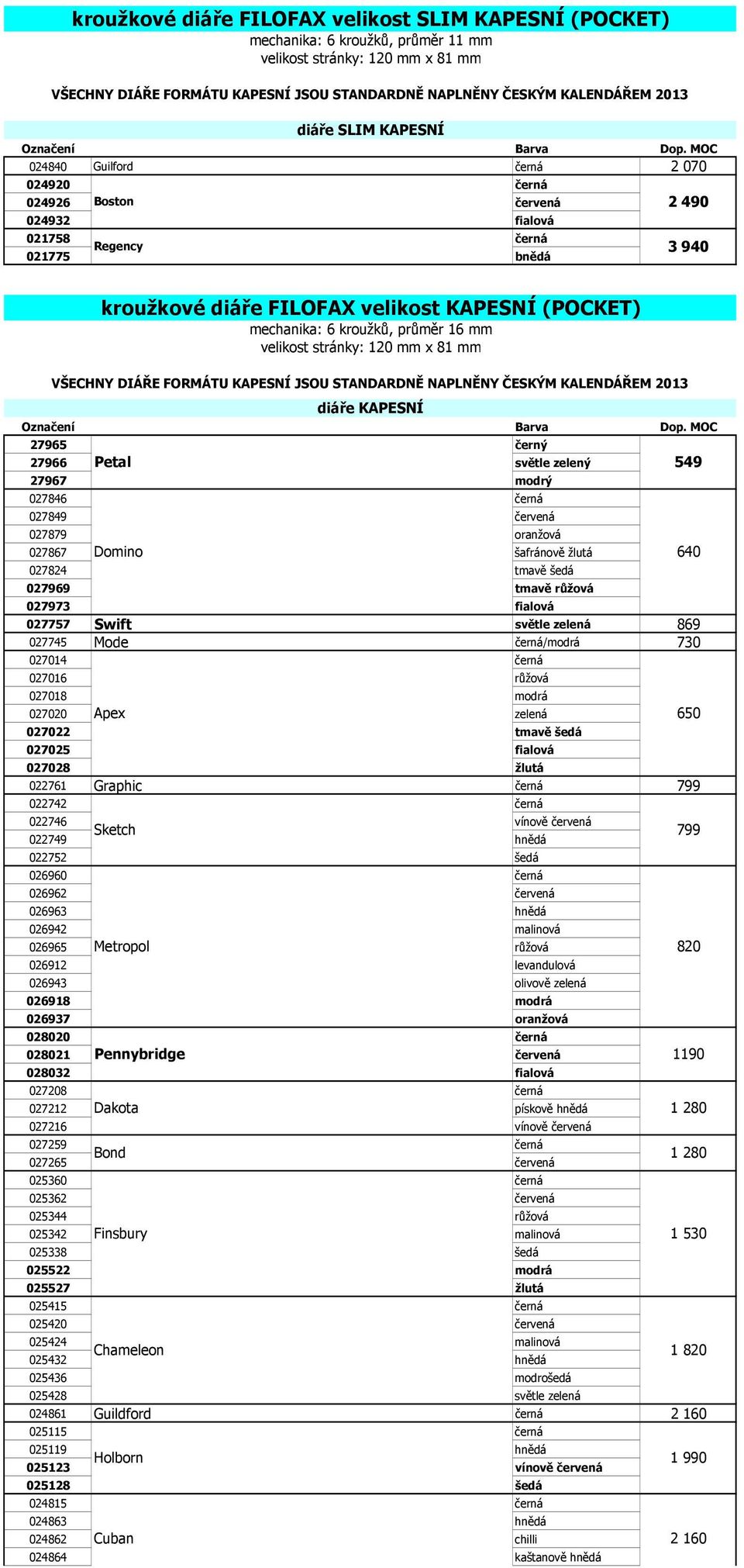 mechanika: 6 kroužků, průměr 16 mm velikost stránky: 120 mm x 81 mm VŠECHNY DIÁŘE FORMÁTU KAPESNÍ JSOU STANDARDNĚ NAPLNĚNY ČESKÝM KALENDÁŘEM 2013 diáře KAPESNÍ 27965 černý 27966 Petal světle zelený