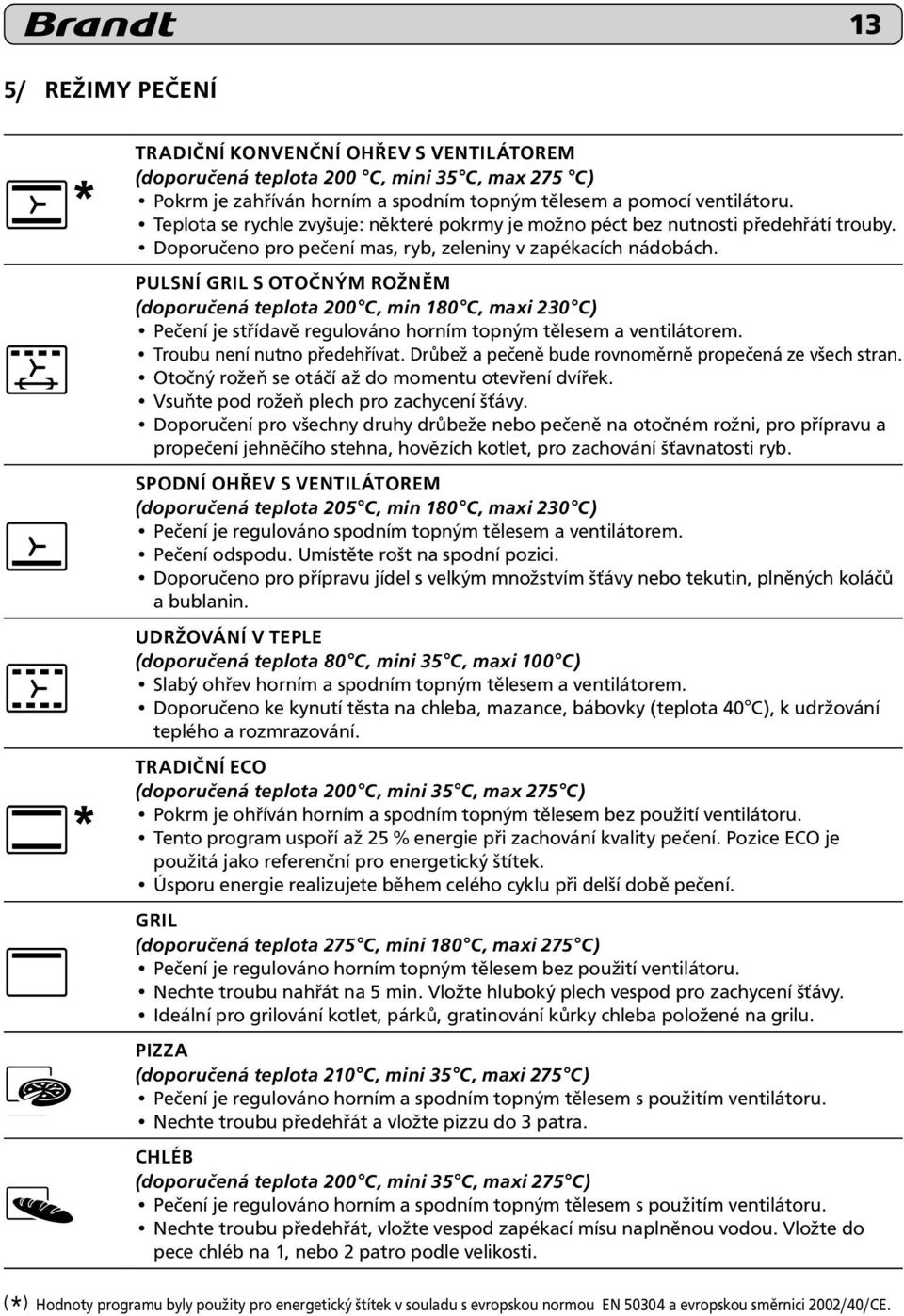 PULSNÍ GRIL S OTOČNÝM ROŽNĚM (doporučená teplota 200 C, min 180 C, maxi 230 C) Pečení je střídavě regulováno horním topným tělesem a ventilátorem. Troubu není nutno předehřívat.