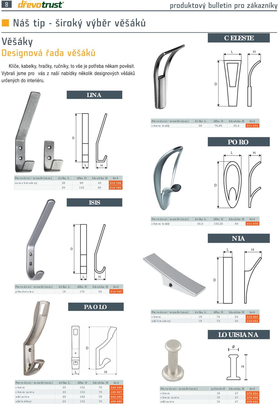 D LINA Provedení / rozměr [mm] délka L šířka D hloubka H kód chrom lesklý 39 76,85 35,4 511 374 D PORO L H L H Provedení / rozměr [mm] délka L šířka D hloubka H kód nerez broušený 20 60 45 512 706 20