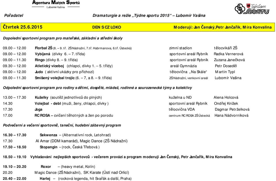 00 Atletický víceboj (chlapci, dívky 1. 5. třídy) areál Gymnázia Petr Doseděl 09.00 12.00 Judo ( aktivní ukázky pro příchozí) tělocvična Na Skále Martin Typl 09.00 11.30 Smíšený volejbal trojic (6.