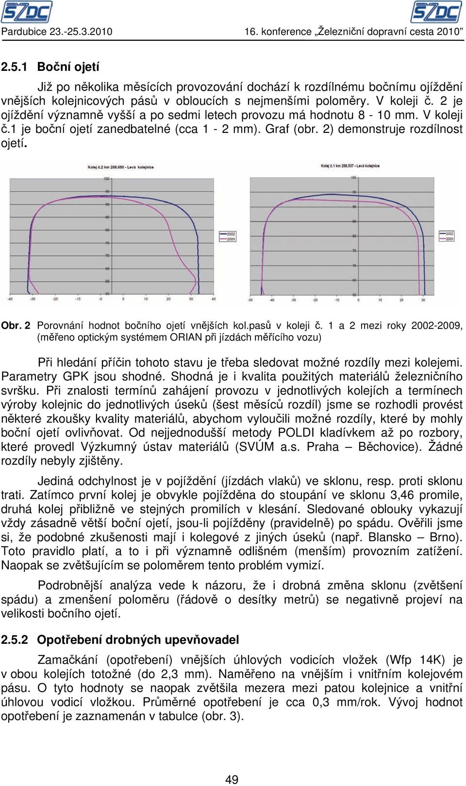 2 Porovnání hodnot bočního ojetí vnějších kol.pasů v koleji č.