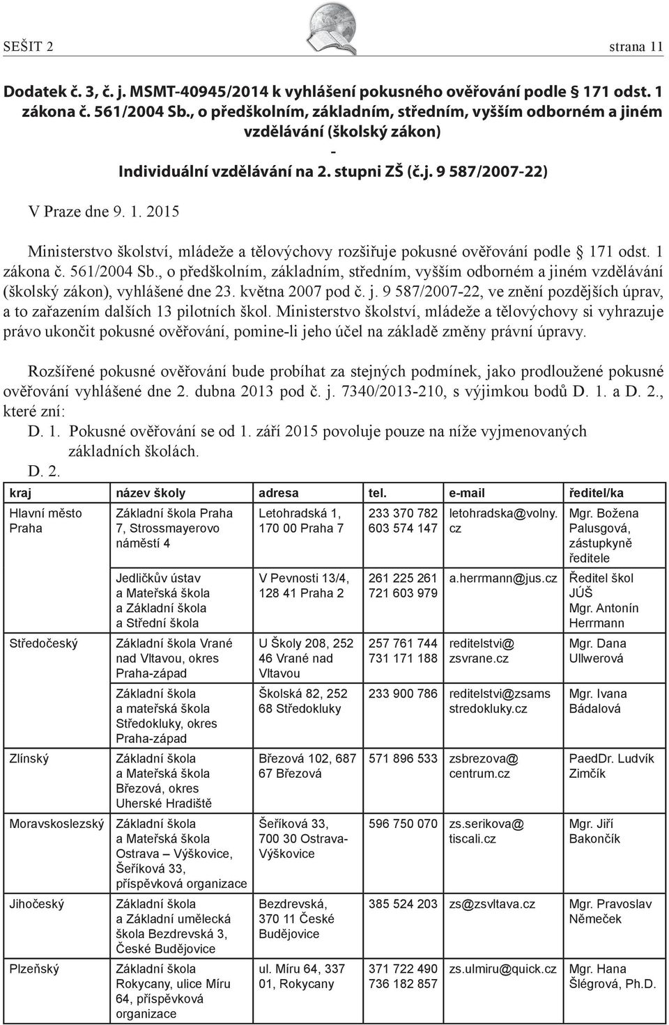 2015 Ministerstvo školství, mládeže a tělovýchovy rozšiřuje pokusné ověřování podle 171 odst. 1 zákona č. 561/2004 Sb.