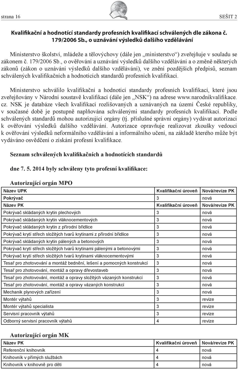 , o ověřování a uznávání výsledků dalšího vzdělávání a o změně některých zákonů (zákon o uznávání výsledků dalšího vzdělávání), ve znění pozdějších předpisů, seznam schválených kvalifikačních a