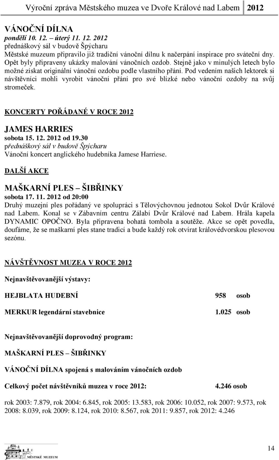 Pod vedením našich lektorek si návštěvníci mohli vyrobit vánoční přání pro své blízké nebo vánoční ozdoby na svůj stromeček. KONCERTY POŘÁDANÉ V ROCE 2012 JAMES HARRIES sobota 15. 12. 2012 od 19.