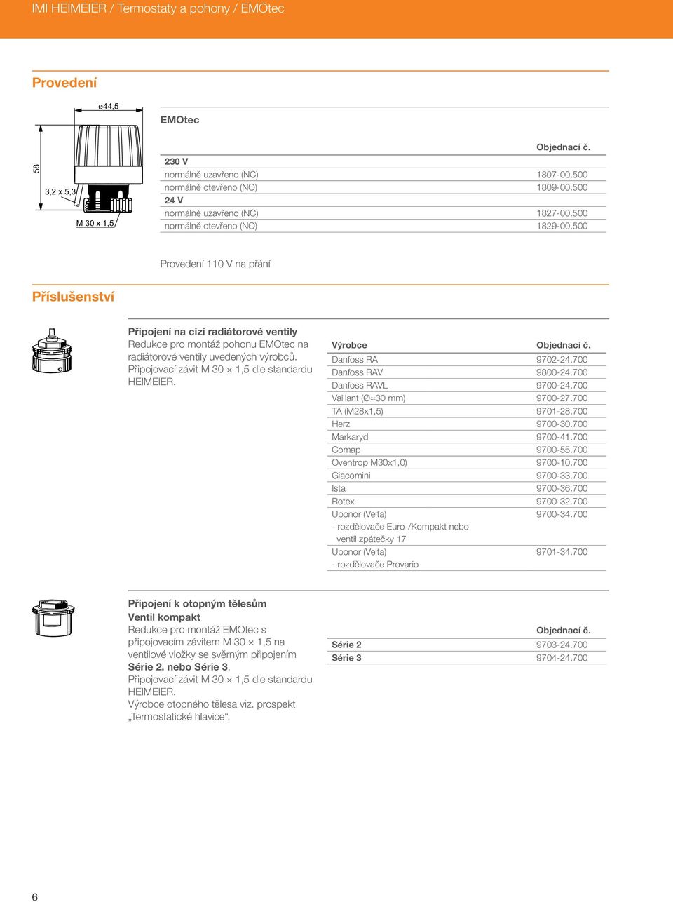 500 Provedení 110 V na přání Příslušenství Připojení na cizí radiátorové ventily edukce pro montáž pohonu EMOtec na radiátorové ventily uvedených výrobců.