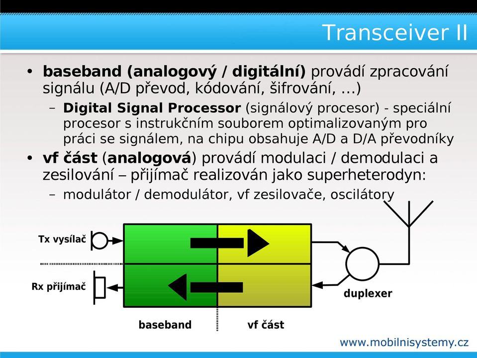 na chipu obsahuje A/D a D/A převodníky vf část (analogová) provádí modulaci / demodulaci a zesilování přijímač