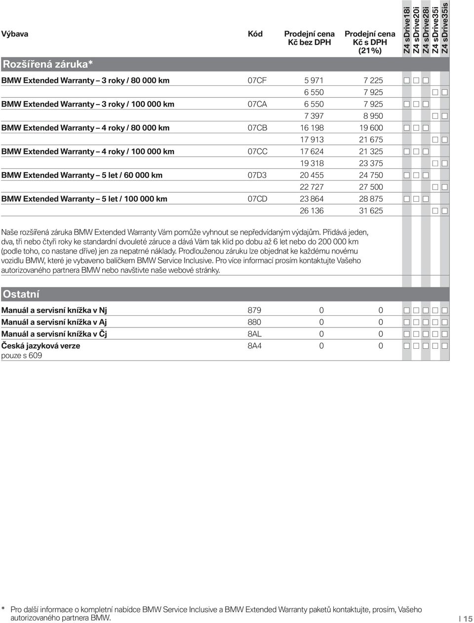 455 24 750 22 727 27 500 BMW Extended Warranty 5 let / 100 000 km 07CD 23 864 28 875 26 136 31 625 Naše rozšířená záruka BMW Extended Warranty Vám pomůže vyhnout se nepředvídaným výdajům.