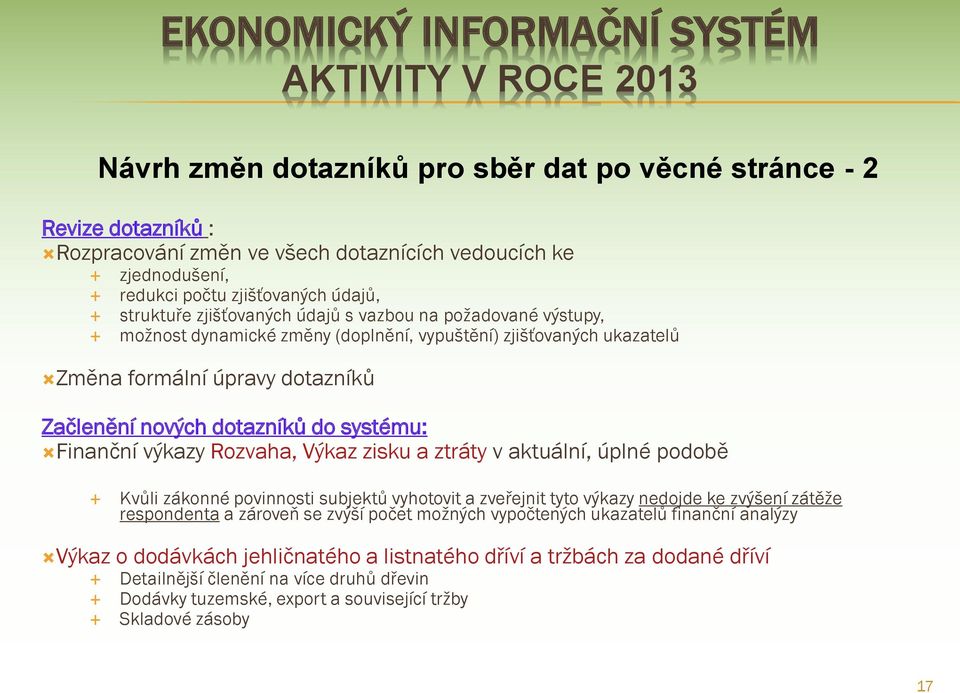 nových dotazníků do systému: Finanční výkazy Rozvaha, Výkaz zisku a ztráty v aktuální, úplné podobě Kvůli zákonné povinnosti subjektů vyhotovit a zveřejnit tyto výkazy nedojde ke zvýšení zátěže