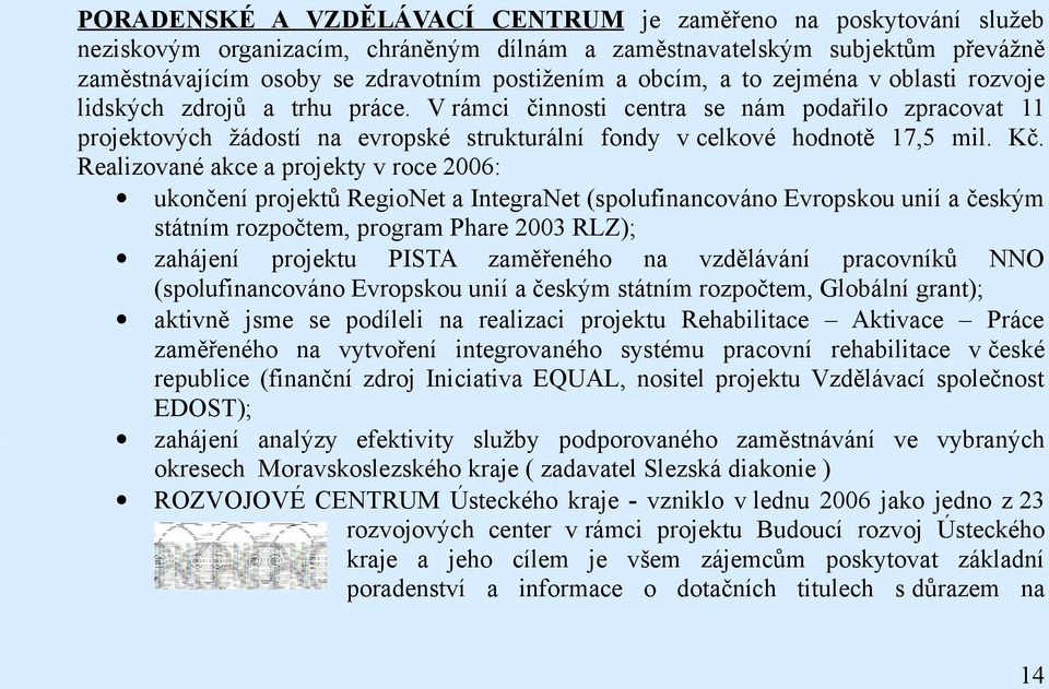 Kč. Realizované akce a projekty v roce 2006: ukončení projektů RegioNet a IntegraNet (spolufinancováno Evropskou unií a českým státním rozpočtem, program Phare 2003 RLZ); zahájení projektu PISTA