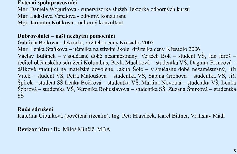 Lenka Staňková učitelka na střední škole, držitelka ceny Křesadlo 2006 Václav Bulánek v současné době nezaměstnaný, Vojtěch Bok student VŠ, Jan Jaroš ředitel občanského sdružení Kolumbus, Pavla