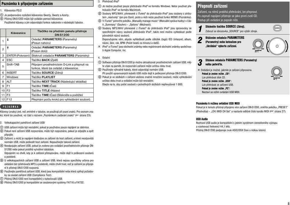 Klávesnice Tlačítko na předním panelu přístroje DN-S00 Ovladač PARAMETERS (Parametry) (Posun nahoru) Ovladač PARAMETERS (Parametry) (Posun dolů) ENTER (Potvrzení) Stisknutí ovladače PARAMETERS