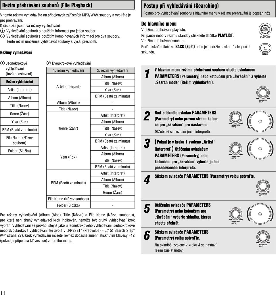 Režimy vyhledávání Postup při vyhledávání (Searching) Postup pro vyhledávání souboru z hlavního menu v režimu přehrávání je popsán níže.