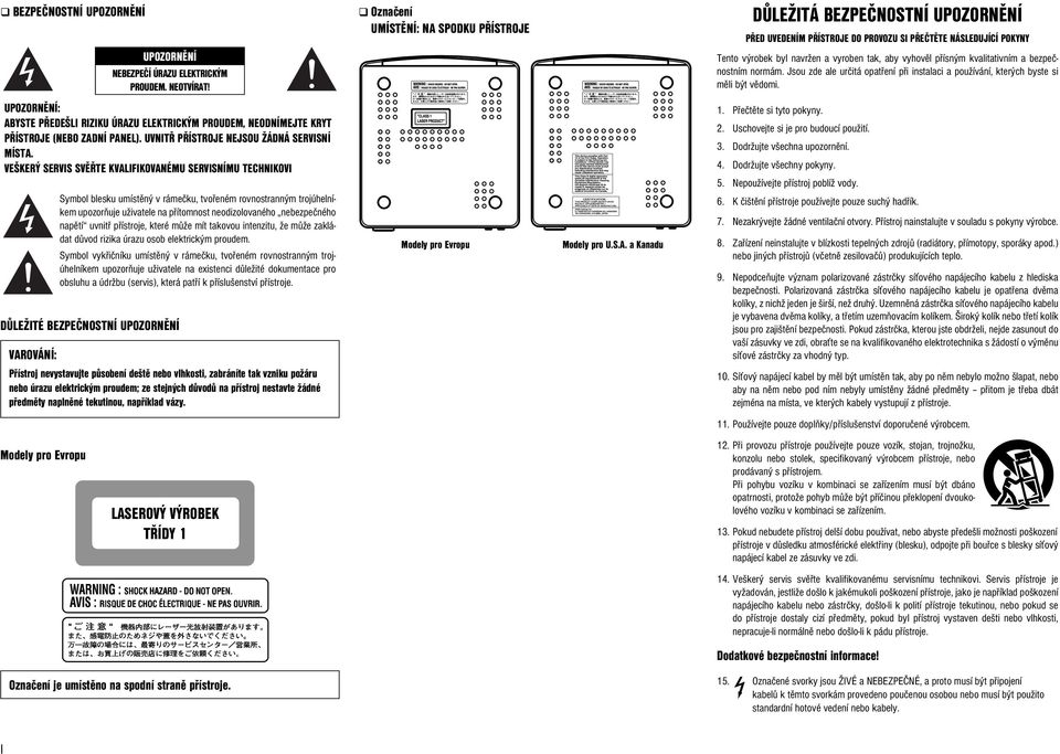 NEOTVÍRAT! UPOZORNĚNÍ: ABYSTE PŘEDEŠLI RIZIKU ÚRAZU ELEKTRICKÝM PROUDEM, NEODNÍMEJTE KRYT PŘÍSTROJE (NEBO ZADNÍ PANEL). UVNITŘ PŘÍSTROJE NEJSOU ŽÁDNÁ SERVISNÍ MÍSTA.