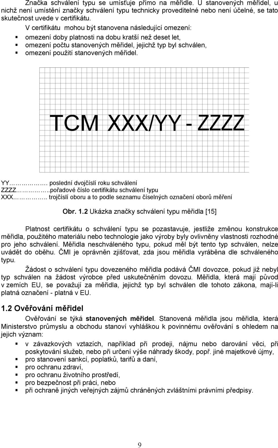 měřidel. YY. poslední dvojčíslí roku schválení ZZZZ..pořadové číslo certifikátu schválení typu XXX.. trojčíslí oboru a to podle seznamu číselných označení oborů měření Obr. 1.