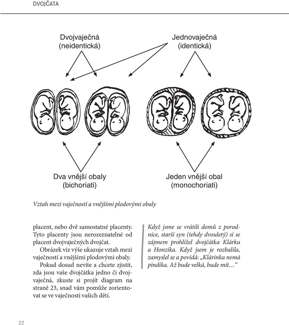 Pokud dosud nevíte a chcete zjistit, zda jsou vaše dvojčátka jedno či dvojvaječná, zkuste si projít diagram na straně 23, snad vám pomůže zorientovat se ve vaječnosti vašich dětí.