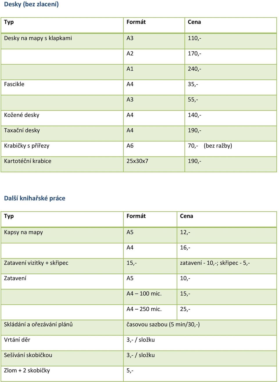 na mapy A5 12,- A4 16,- Zatavení vizitky + skřipec 15,- zatavení - 10,-; skřipec - 5,- Zatavení A5 10,- A4 100 mic. 15,- A4 250 mic.