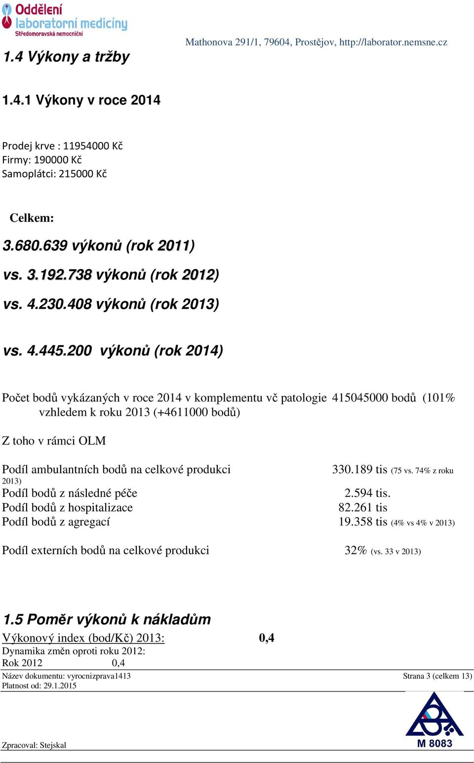 200 výkonů (rok 2014) Počet bodů vykázaných v roce 2014 v komplementu vč patologie 415045000 bodů (101% vzhledem k roku 2013 (+4611000 bodů) Z toho v rámci OLM Podíl ambulantních bodů na celkové