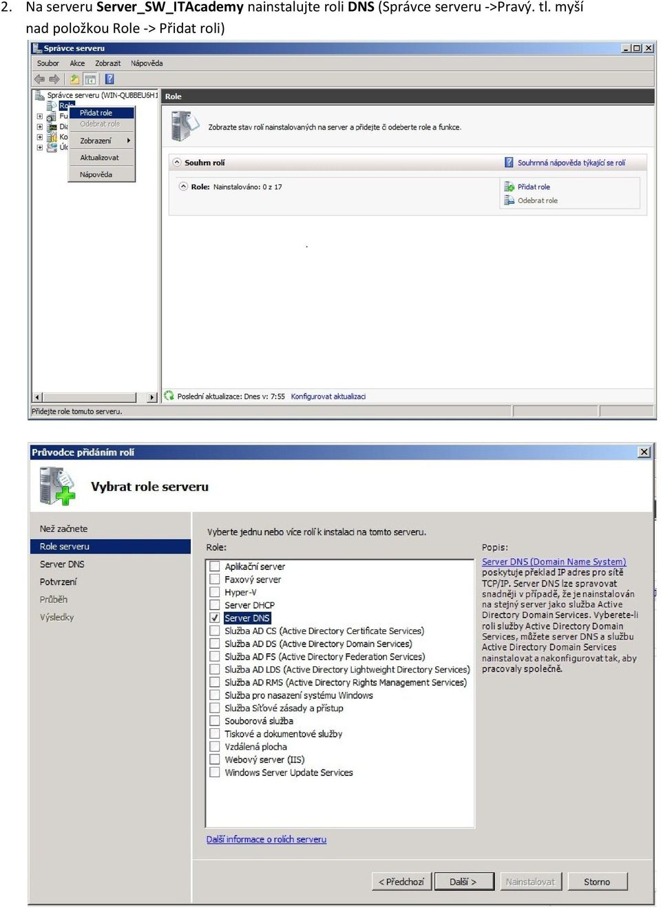 nainstalujte roli DNS (Správce