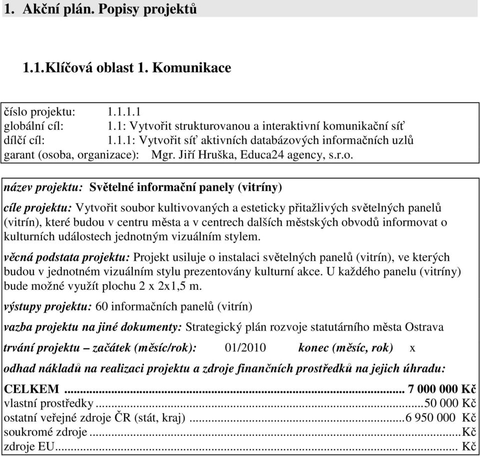 název projektu: Světelné informační panely (vitríny) cíle projektu: Vytvořit soubor kultivovaných a esteticky přitažlivých světelných panelů (vitrín), které budou v centru města a v centrech dalších