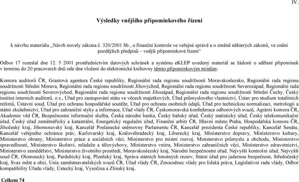 5 2001 prostřednictvím datových schránek a systému eklep uvedený materiál se žádostí o sdělení připomínek v termínu do 20 pracovních dnů ode dne vložení do elektronické knihovny těmto připomínkovým