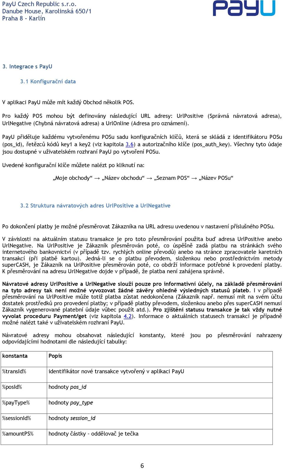 PayU přiděluje každému vytvořenému POSu sadu konfiguračních klíčů, která se skládá z identifikátoru POSu (pos_id), řetězců kódů key1 a key2 (viz kapitola 3.6) a autorizačního klíče (pos_auth_key).