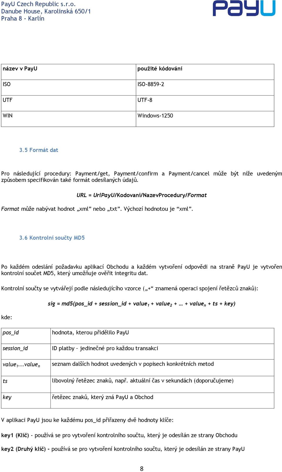 URL = UrlPayU/Kodovani/NazevProcedury/Format Format může nabývat hodnot xml nebo txt. Výchozí hodnotou je xml. 3.