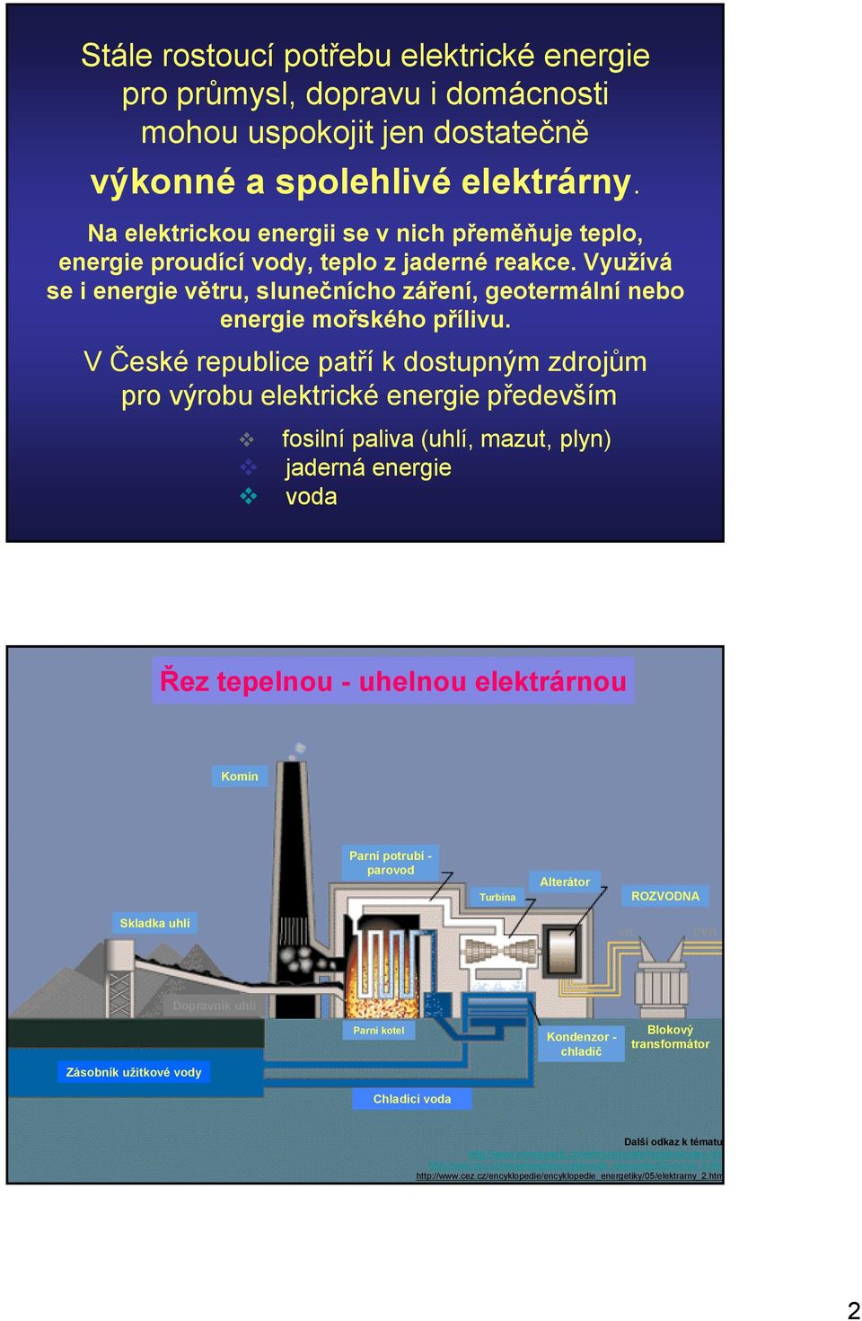 V České republice patří k dostupným zdrojům pro výrobu elektrické energie především fosilní paliva (uhlí, mazut, plyn) jaderná energie voda Řez tepelnou - uhelnou elektrárnou Komín Parní potrubí -