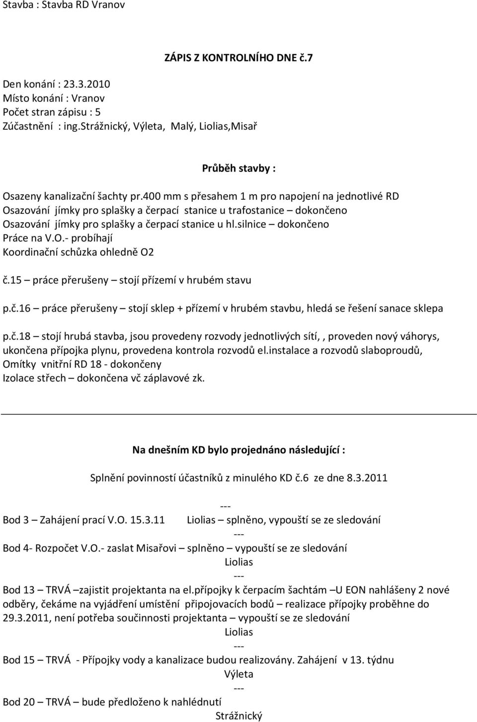 silnice dokončeno Práce na V.O.- probíhají Koordinační schůzka ohledně O2 č.15 práce přerušeny stojí přízemí v hrubém stavu p.č.16 práce přerušeny stojí sklep + přízemí v hrubém stavbu, hledá se řešení sanace sklepa p.