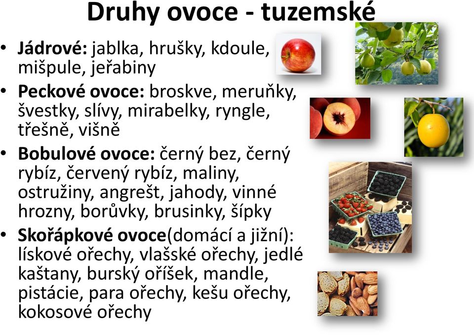 maliny, ostružiny, angrešt, jahody, vinné hrozny, borůvky, brusinky, šípky Skořápkové ovoce(domácí a jižní):