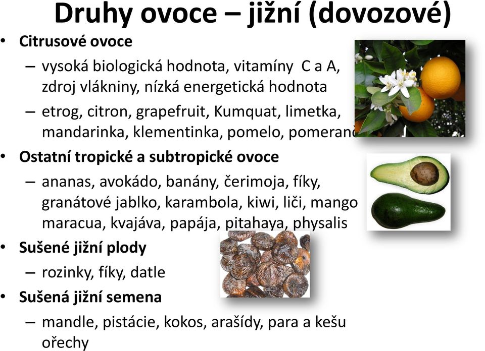 subtropické ovoce ananas, avokádo, banány, čerimoja, fíky, granátové jablko, karambola, kiwi, liči, mango maracua, kvajáva,