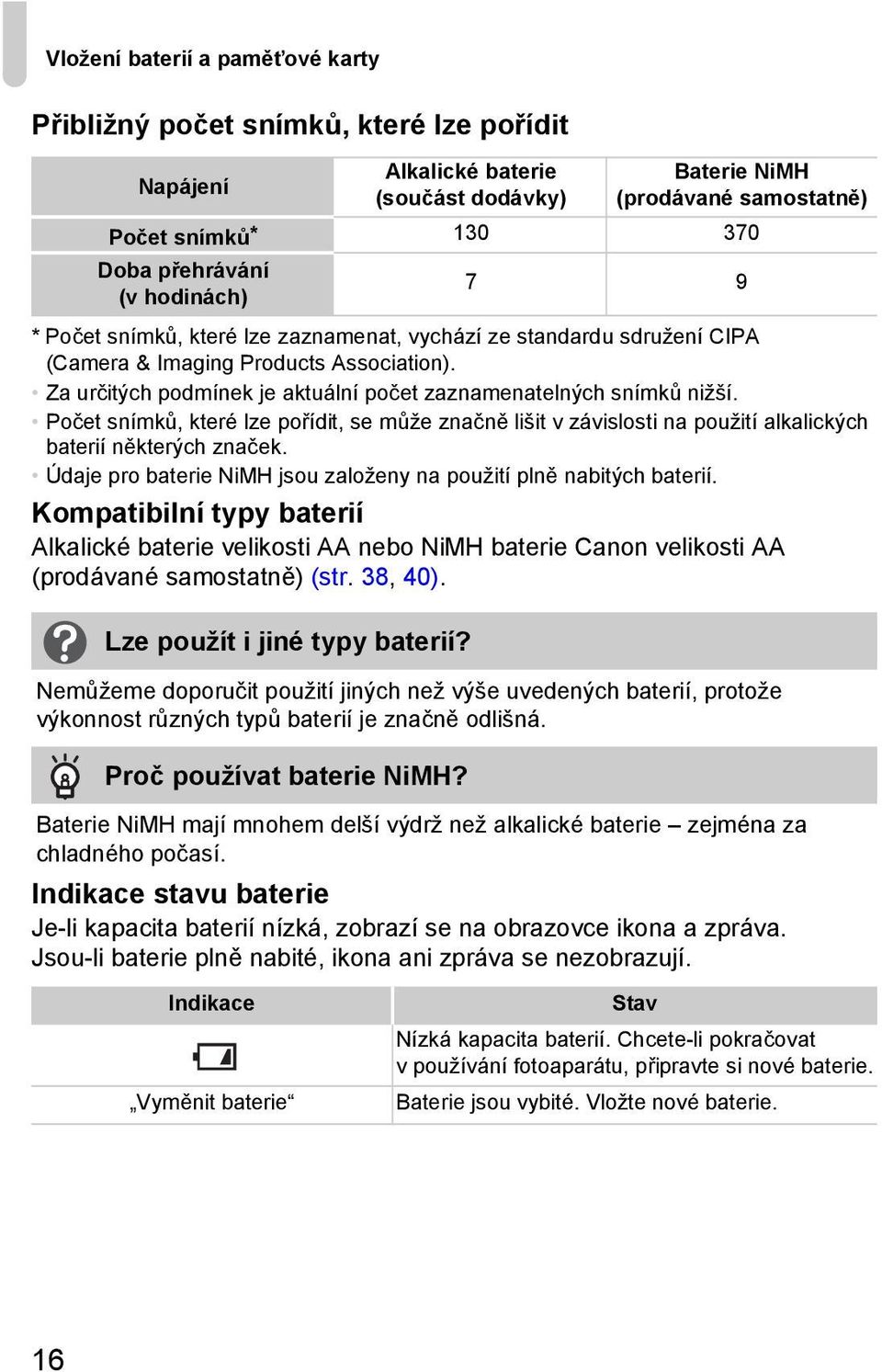 Počet snímků, které lze pořídit, se může značně lišit v závislosti na použití alkalických baterií některých značek. Údaje pro baterie NiMH jsou založeny na použití plně nabitých baterií.