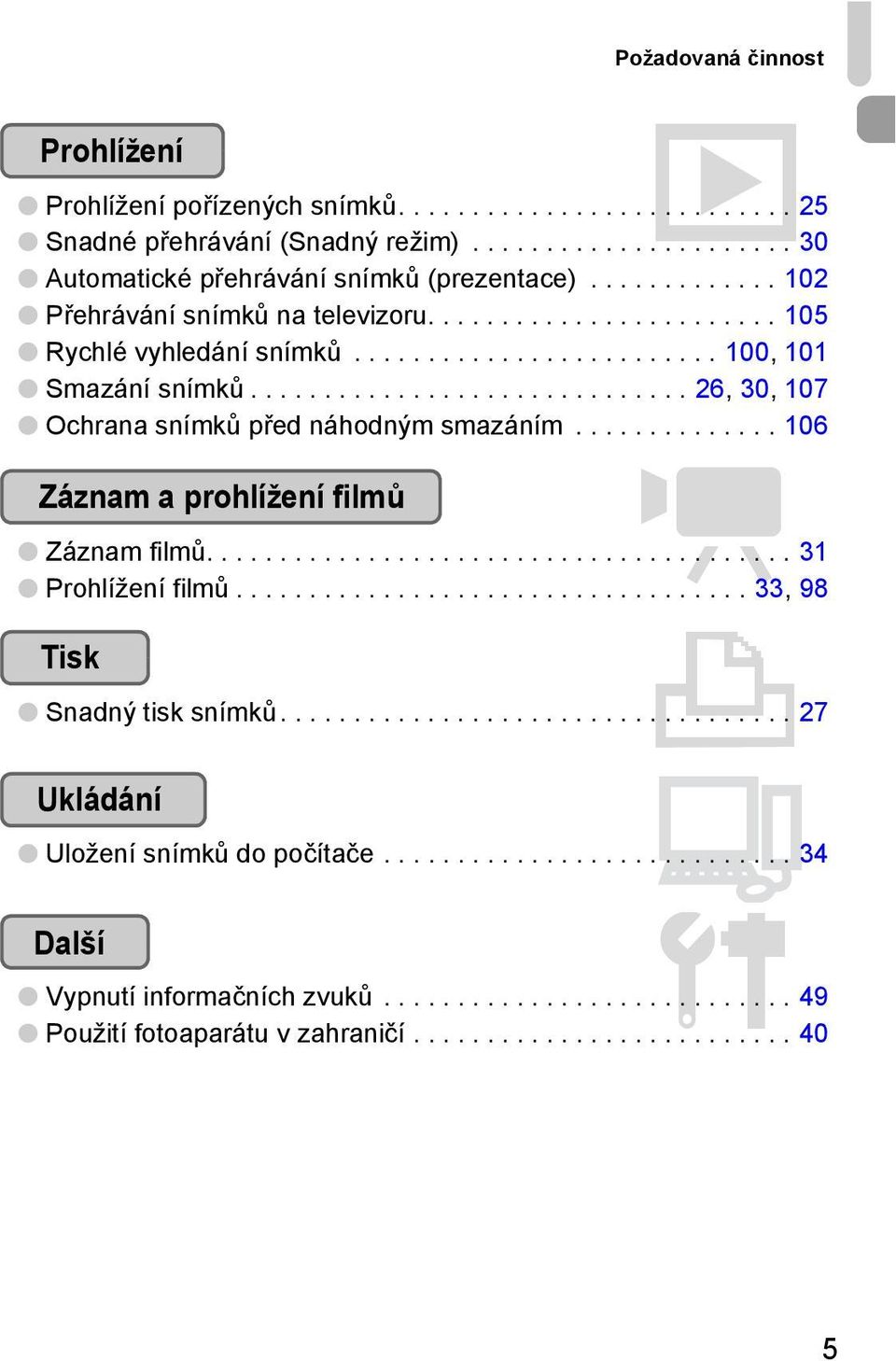 ............................. 26, 30, 107 Ochrana snímků před náhodným smazáním.............. 106 Záznam a prohlížení filmů E Záznam filmů........................................ 31 Prohlížení filmů.