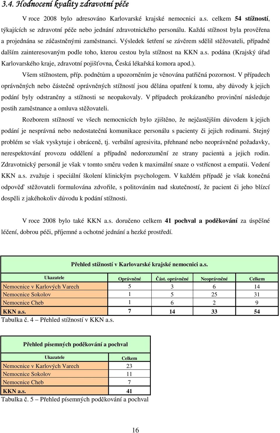 Výsledek šetření se závěrem sdělil stěžovateli, případně dalším zainteresovaným podle toho, kterou cestou byla stížnost na KKN a.s. podána (Krajský úřad Karlovarského kraje, zdravotní pojišťovna, Česká lékařská komora apod.