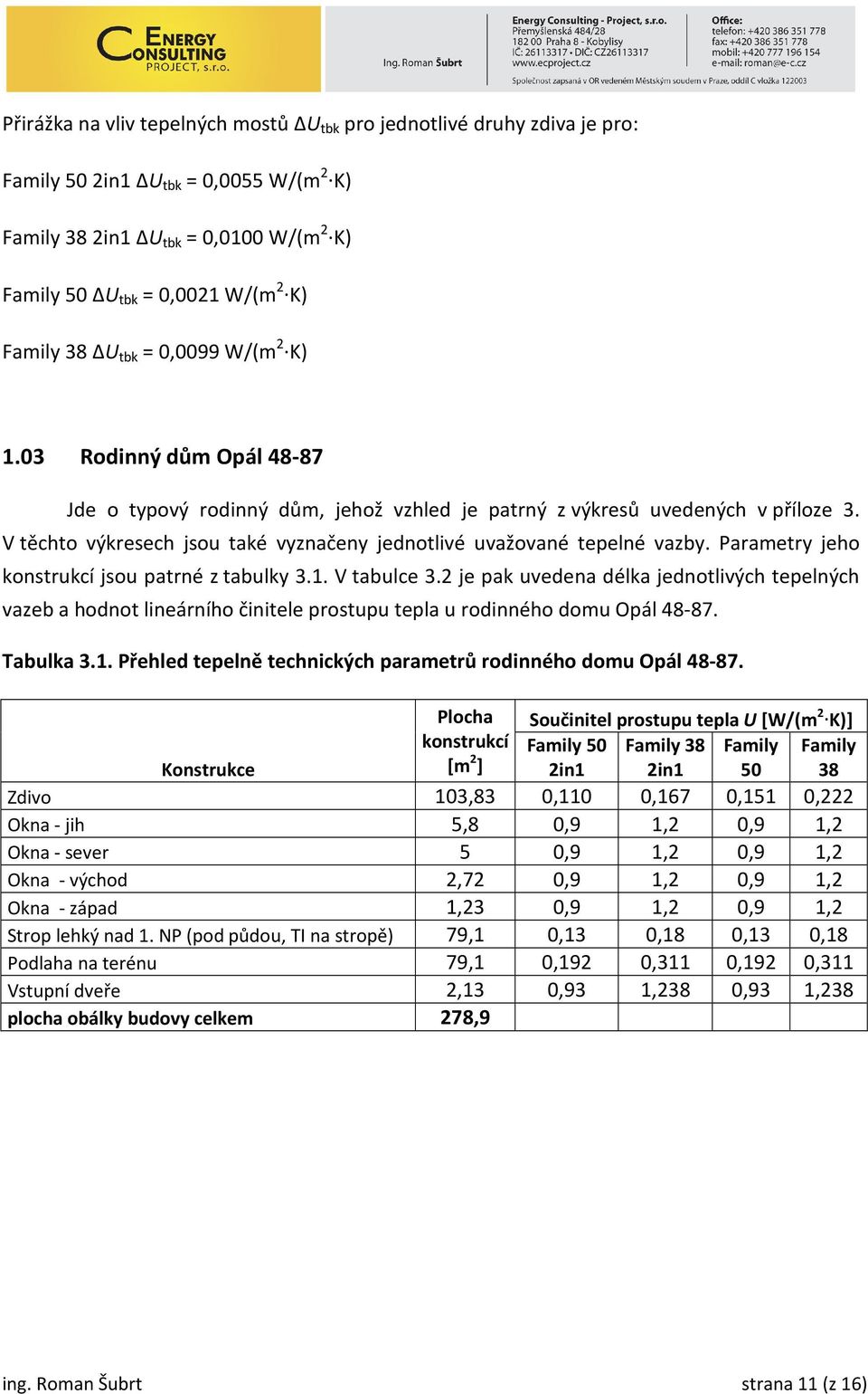 Parametry jeho konstrukcí jsou patrné z tabulky 3.1. V tabulce 3.2 je pak uvedena délka jednotlivých tepelných vazeb a hodnot lineárního činitele prostupu tepla u rodinného domu Opál 48-87. Tabulka 3.