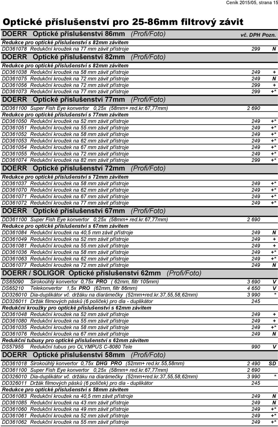 kroužek na 72 mm závit přístroje 249 N DD361056 Redukční kroužek na 72 mm závit přístroje 299 + DD361073 Redukční kroužek na 77 mm závit přístroje 299 +* DOERR Optické příslušenství 77mm (Profi/Foto)