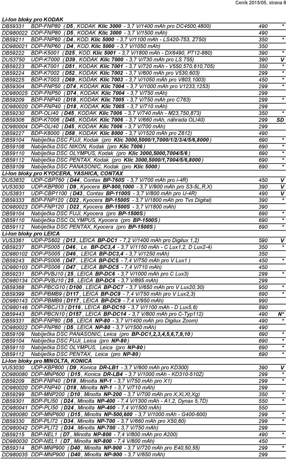 Klic 5001-3,7 V/1800 mah - DX6490, P712-880) 390 * DU53750 UDP-K7000 ( D39, KODAK Klic 7000-3,7 V/730 mah pro LS 755) 390 V DB59223 BDP-K7001 ( D51, KODAK Klic 7001-3,7 V/720 mah - V550,570,610,705)