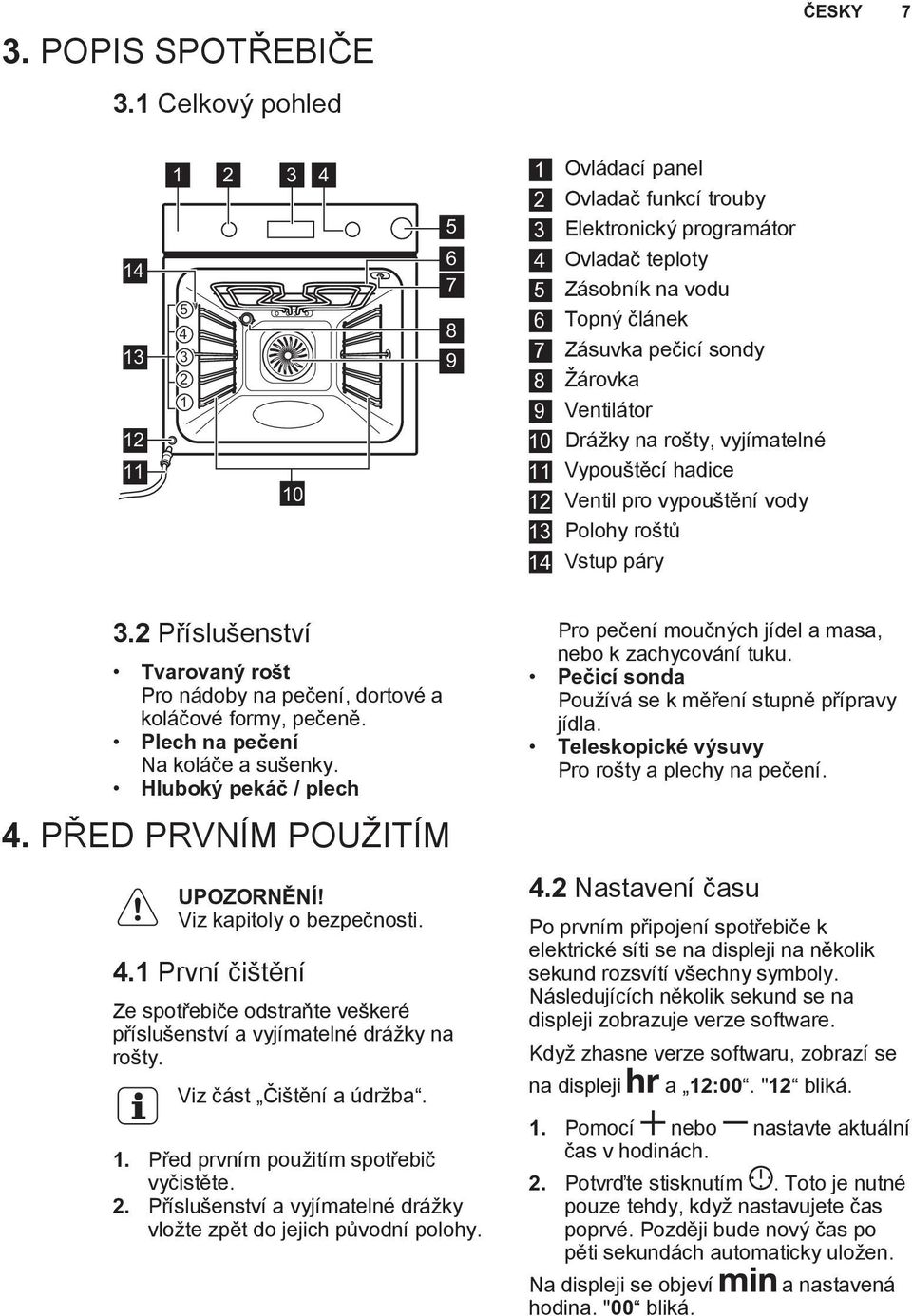 pečicí sondy 8 Žárovka 9 Ventilátor 10 Drážky na rošty, vyjímatelné 11 Vypouštěcí hadice 12 Ventil pro vypouštění vody 13 Polohy roštů 14 Vstup páry 3.