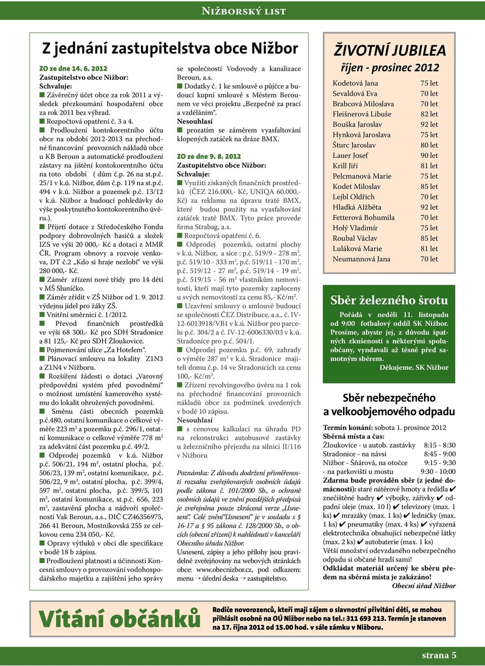 n Prodloužení kontokorentního účtu obce na období 2012-2013 na přechodné financování provozních nákladů obce u KB Beroun a automatické prodloužení zástavy na jištění kontokorentního účtu na toto