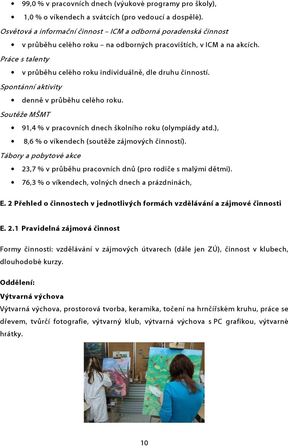 Práce s talenty v průběhu celého roku individuálně, dle druhu činností. Spontánní aktivity denně v průběhu celého roku. Soutěže MŠMT 91,4 % v pracovních dnech školního roku (olympiády atd.