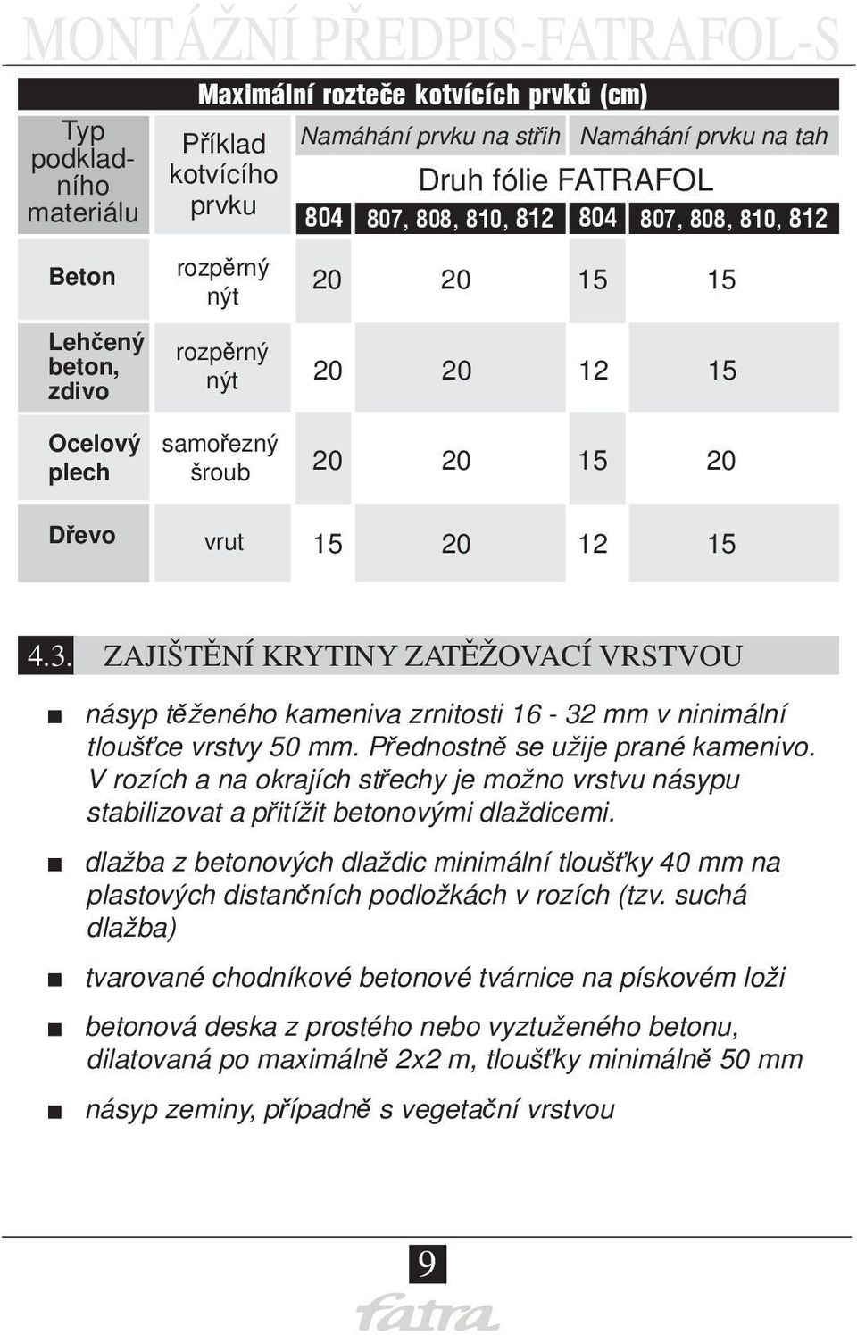 ZAJIŠTĚNÍ KRYTINY ZATĚŽOVACÍ VRSTVOU násyp těženého kameniva zrnitosti 16-32 mm v ninimální tloušťce vrstvy 50 mm. Přednostně se užije prané kamenivo.