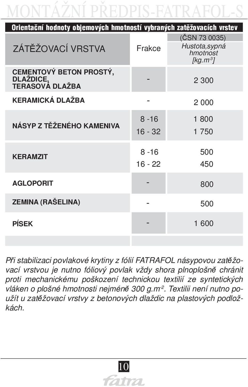 AGLOPORIT ZEMINA (RAŠELINA) PÍSEK - - - 800 500 1 600 Při stabilizaci povlakové krytiny z fólií FATRAFOL násypovou zatěžovací vrstvou je nutno fóliový povlak vždy shora