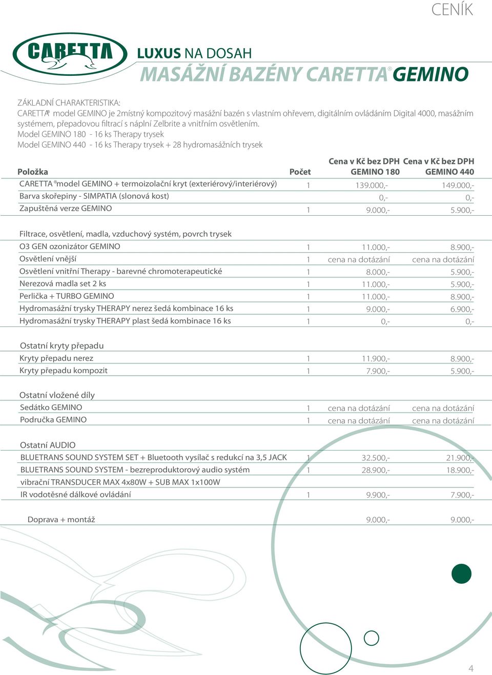 Model GEMINO 80-6 ks Therapy trysek Model GEMINO 440-6 ks Therapy trysek + 28 hydromasážních trysek Položka CARETTA model GEMINO + termoizolační kryt (exteriérový/interiérový) Barva skořepiny -