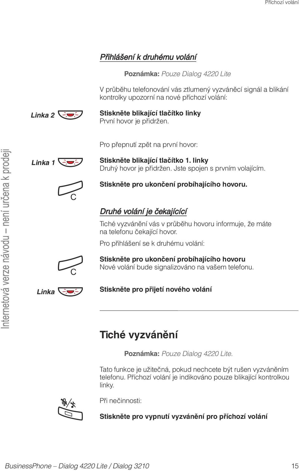 pro ukončení probíhajícího hovoru. Druhé volání je čekajícící Tiché vyzvánění vás v průběhu hovoru informuje, že máte na telefonu čekající hovor.